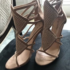 Rhinestone Cutout Platform Heels Tan Suede 6.5